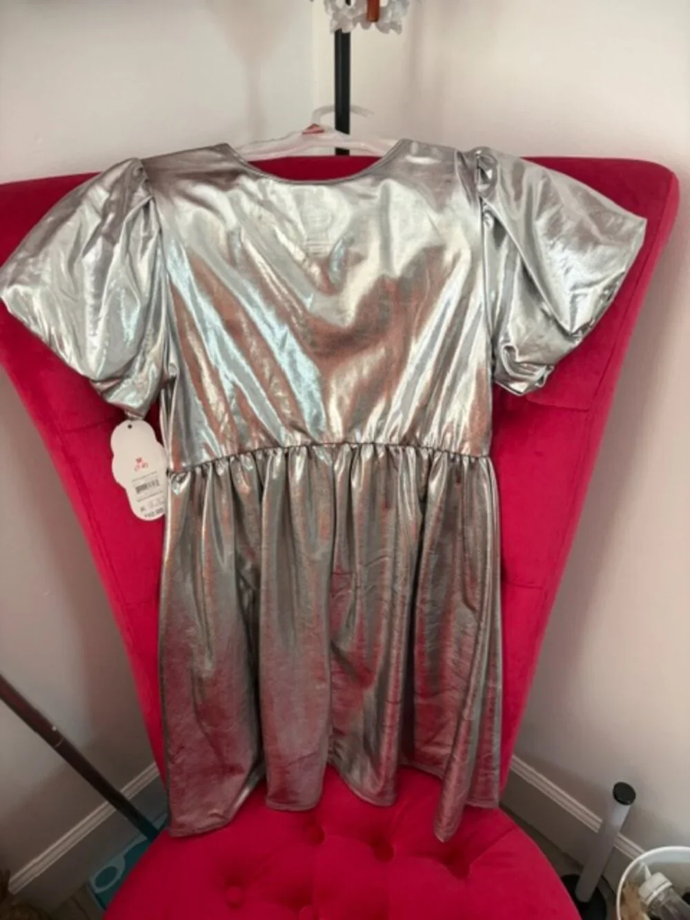 Metallic Silver Puff‑Sleeve Dress